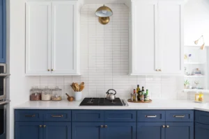 Contemporary kitchen with navy lower cabinets and white upper cabinets in a Cary North Carolina remodel