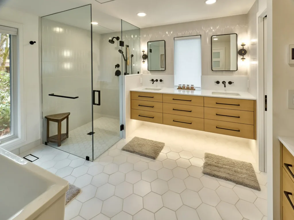 Standard bathroom remodel with frameless glass shower and quartz vanity
