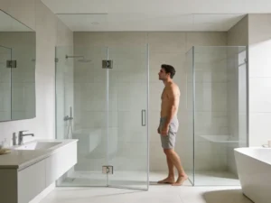 Standard bathroom remodel with frameless glass shower and quartz vanity
